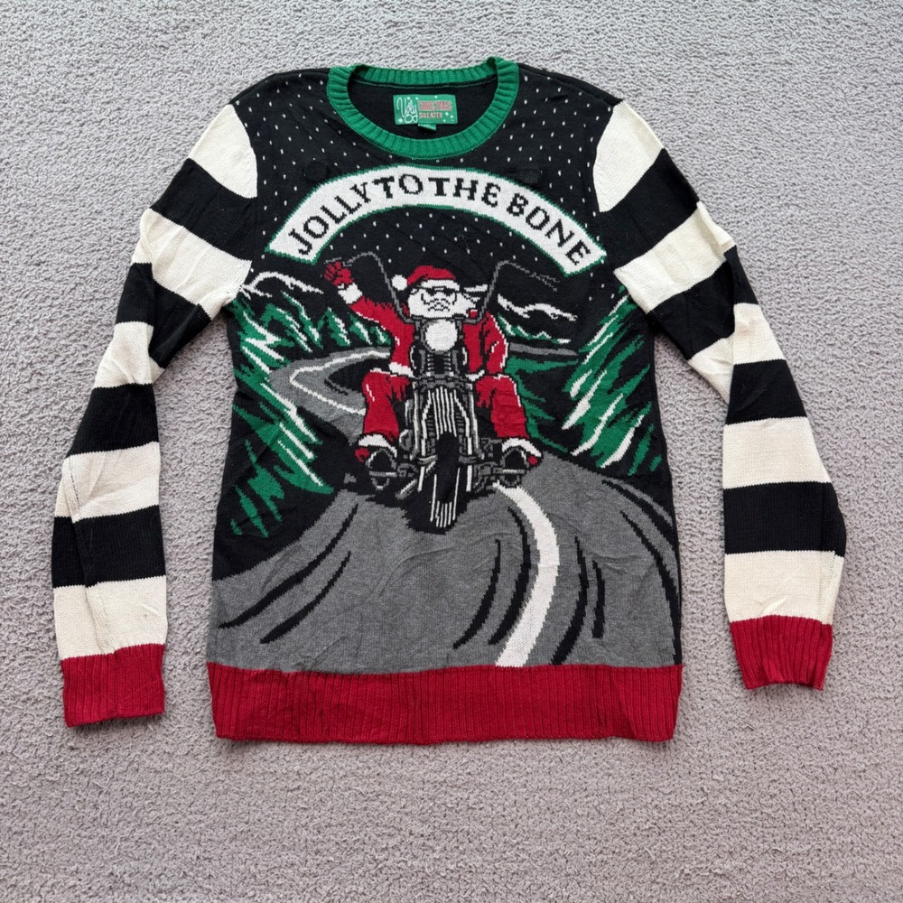 Ugly Christmas Sweater Mens Small Biker Santa Jolly to the Bone Motorcycle Black